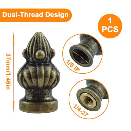 MARRTEUM Antique Brass Lamp Finial Cap Knob Retro Lamp Finial Decoration with Dual-Thread Screw for Lamp Shade, Fit Both 3/8" and 1/4-27, 1 Pack - Image 2
