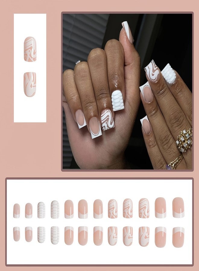 MKWNTG French Tip Press On Nails - Square, Short, Glossy, Full Cover, White Striped Design, Reusable Artificial Acrylic Nails for Women & Girls (24Pcs) - Image 2
