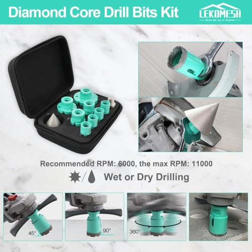 LEKOMESH Diamond Hole Saw Kit - 10PCS Tile Core Drill Bits Set for Porcelain Ceramic Granite Marble, Includes 6-65mm Bits, Finger Bit, Chamfer Bit & Adapter, 5/8"-11 Thread - Image 5