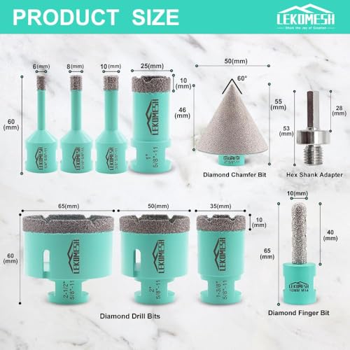 LEKOMESH Diamond Hole Saw Kit - 10PCS Tile Core Drill Bits Set for Porcelain Ceramic Granite Marble, Includes 6-65mm Bits, Finger Bit, Chamfer Bit & Adapter, 5/8"-11 Thread - Image 2