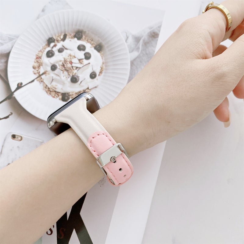Small Waist Color Matching Leather Watch Band For Apple Watch Series 9&8&7 41mm / SE 3&SE 2&6&SE&5&4 40mm / 3&2&1 38mm(Red+Pink)