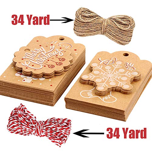 VEYLIN 100Pcs Christmas Kraft Paper Gift Tags with Ribbon, Xmas Holiday Present Wrap Card for Christmas Party Favor - Image 3