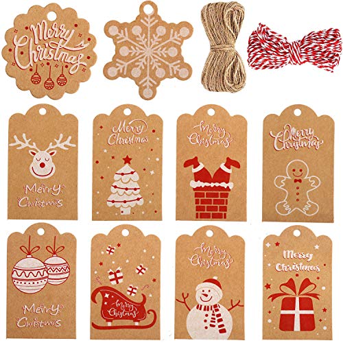 VEYLIN 100Pcs Christmas Kraft Paper Gift Tags with Ribbon, Xmas Holiday Present Wrap Card for Christmas Party Favor - Image 1