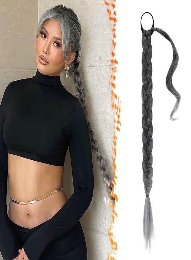 بارسدار وصلة شعر بارسدار، ذيل حصان مضفر بطول 30 بوصة مع ربطة شعر - وصلات شعر ذيل حصان مضفر رمادي متدرج ناعم ومستقيم - قطع شعر ذيل حصان صناعية للنساء - أسود متدرج رمادي - Image 1