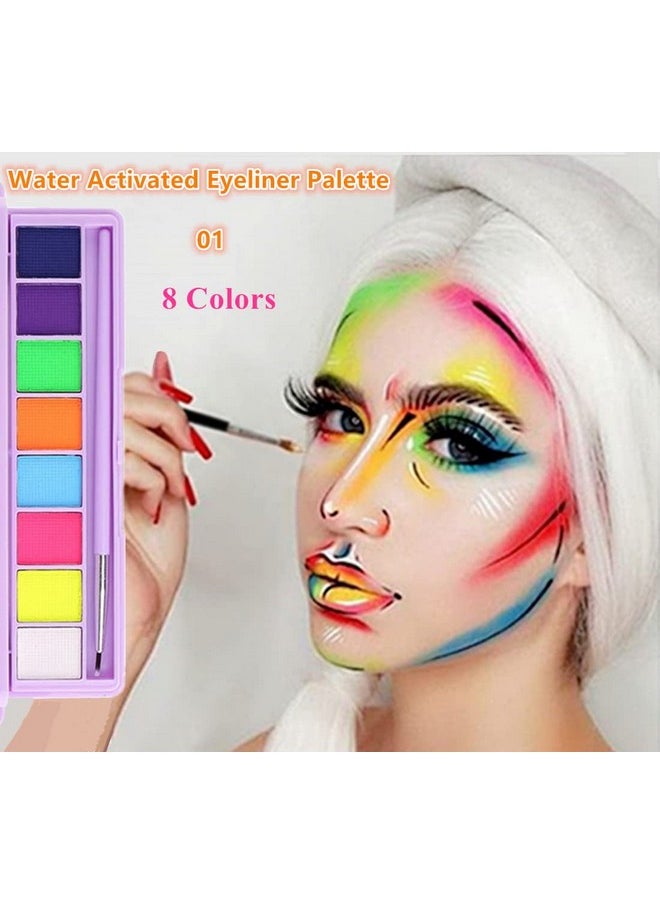 8 Colors Water Activated Eyeliner Palettehighly Pigmented Bright Vibrant Fluorescent Rainbow Colorful Face And Body Paint Makeupmatte And Uv Glow Graphic Eyelinerwith Eyeliner Brush 01