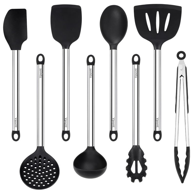 Vayvnt Silicone Cooking Utensils Set Vayvnt 8 PCS Kitchen Utensils Set with Stainless Steel Handle Heat Resistant Kitchen Tools for Nonstick Cookware Large Spatula Spoons Turner Dishwasher Safe Black - Image 2