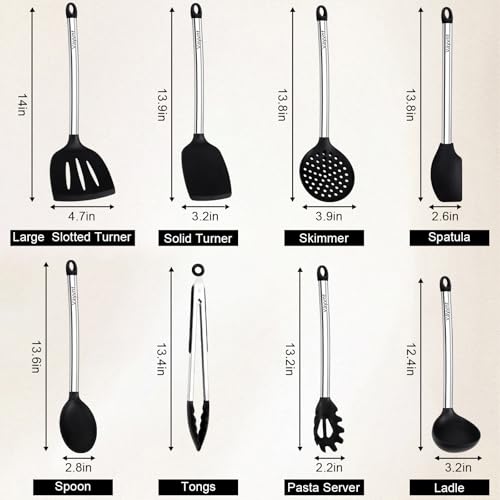 Vayvnt Silicone Cooking Utensils Set Vayvnt 8 PCS Kitchen Utensils Set with Stainless Steel Handle Heat Resistant Kitchen Tools for Nonstick Cookware Large Spatula Spoons Turner Dishwasher Safe Black - Image 3