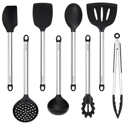 Vayvnt Silicone Cooking Utensils Set Vayvnt 8 PCS Kitchen Utensils Set with Stainless Steel Handle Heat Resistant Kitchen Tools for Nonstick Cookware Large Spatula Spoons Turner Dishwasher Safe Black - Image 1