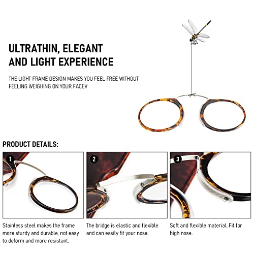 REAVEE 2 Pack Pinch Nose Clip on Reading Glasses Armless for Men Women, No Temple Slim Compact Readers Ultra Thin with Mini Portable Case, Black and Tortoise +1.0 - Image 3
