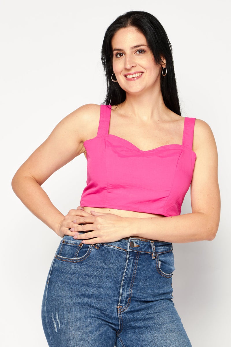 INC Women Square Neck Sleeveless Plain Crop Top, Pink - Image 1