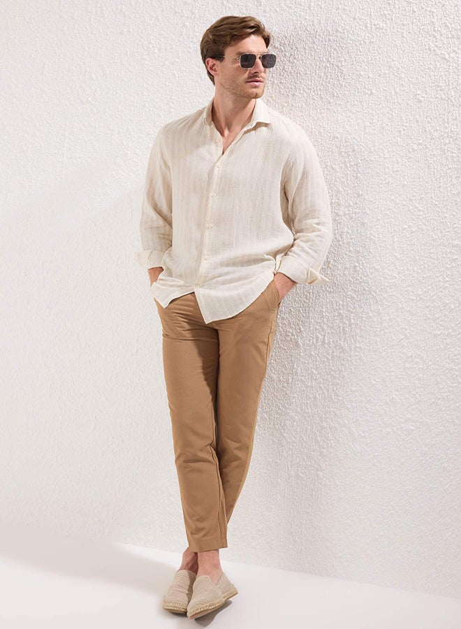 trendyol Beige Stripe Regular Fit Muslin Shirt - Breathable, Cotton - Image 2