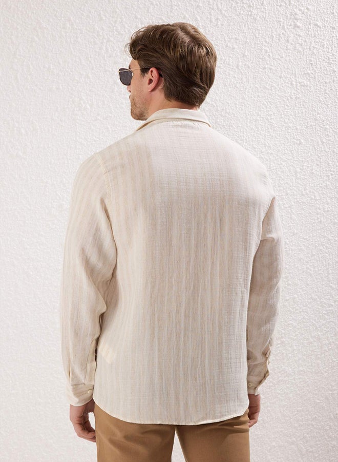 trendyol Beige Stripe Regular Fit Muslin Shirt - Breathable, Cotton - Image 4