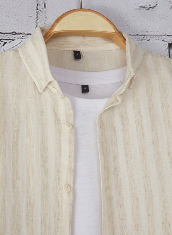 trendyol Beige Stripe Regular Fit Muslin Shirt - Breathable, Cotton - Image 5