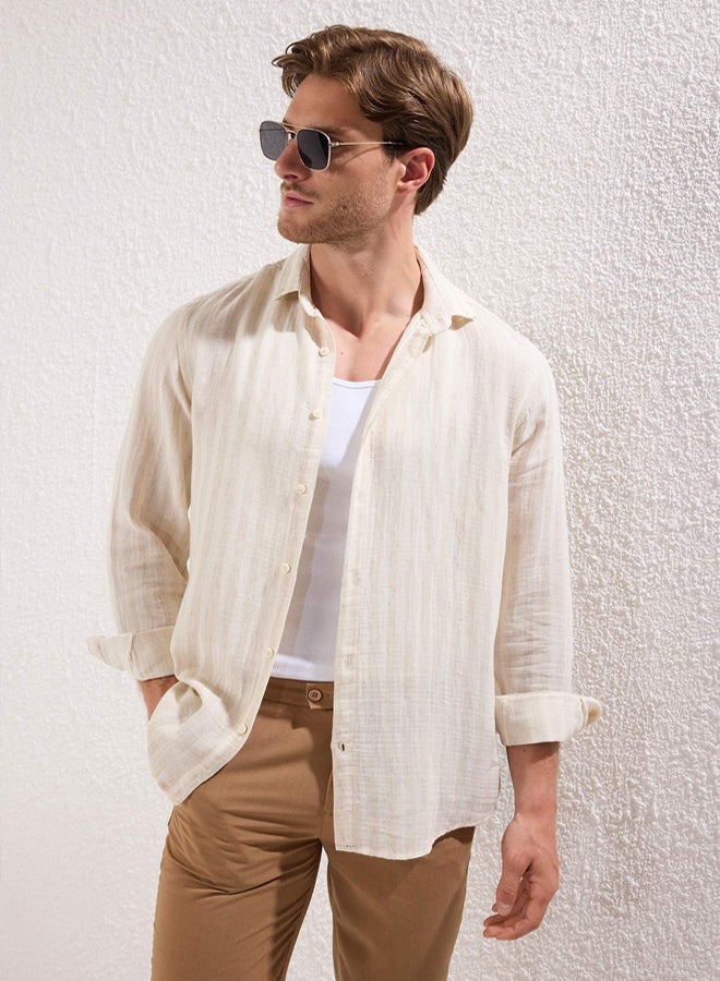 trendyol Beige Stripe Regular Fit Muslin Shirt - Breathable, Cotton - Image 1