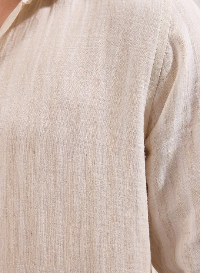 trendyol Beige Stripe Regular Fit Muslin Shirt - Breathable, Cotton - Image 3