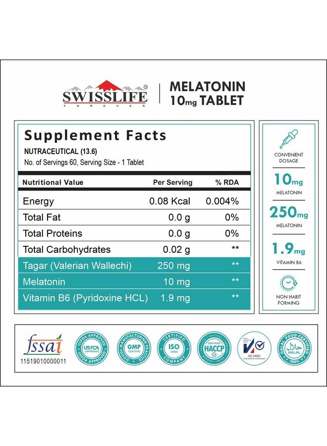 SWISSLIFE FOREVER Melatonin 10mg+ Tablet (60 Tablets-Pack of 2) | Tablet with Tagar and Vitamin B6 Help in Nerve Health and Sleeping Disorder for Men & Women - Image 2