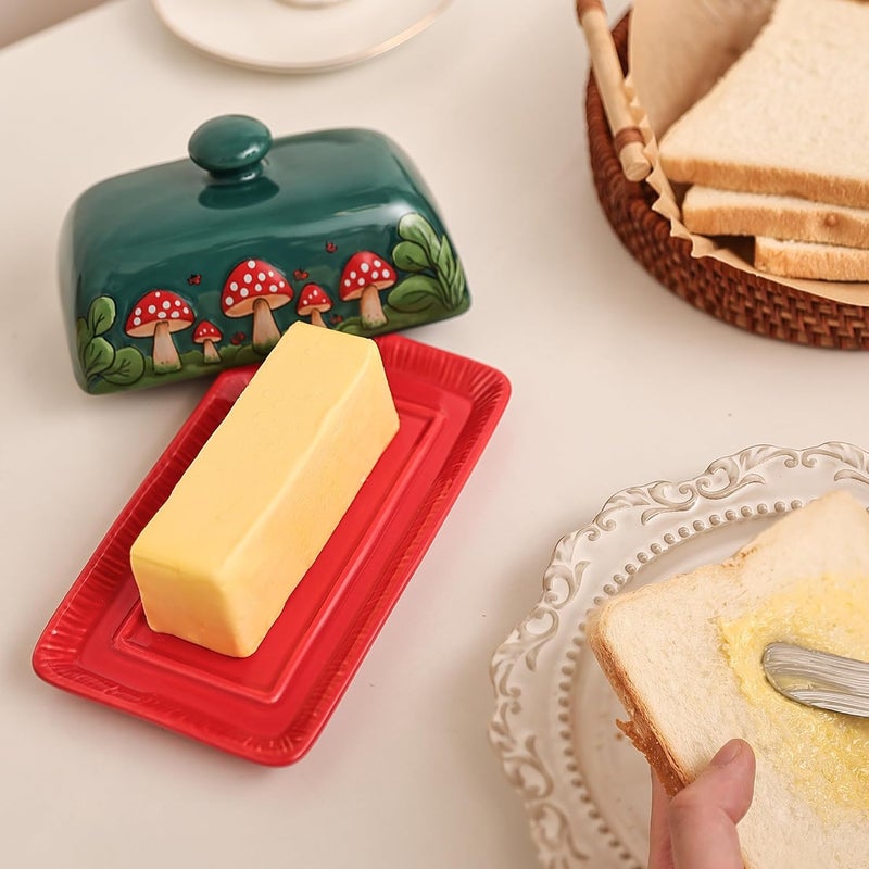 Fungi Fun Mushroom Butter Dish With Lid – Cute Cottagecore Ceramic Storage Container, Vintage French Covered Tray, Boho Farmhouse Kitchen Decor Gift, Unique Countertop Holder (Dark Green, Standard) - Image 5
