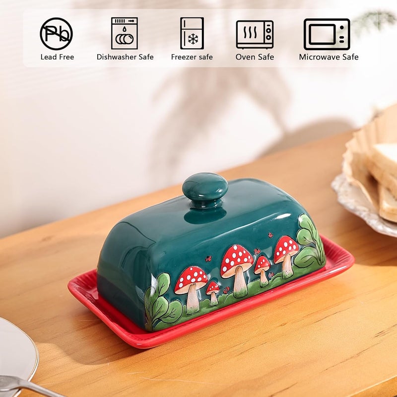 Fungi Fun Mushroom Butter Dish With Lid – Cute Cottagecore Ceramic Storage Container, Vintage French Covered Tray, Boho Farmhouse Kitchen Decor Gift, Unique Countertop Holder (Dark Green, Standard) - Image 2