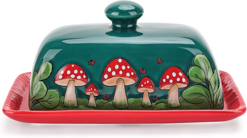 Fungi Fun Mushroom Butter Dish With Lid – Cute Cottagecore Ceramic Storage Container, Vintage French Covered Tray, Boho Farmhouse Kitchen Decor Gift, Unique Countertop Holder (Dark Green, Standard) - Image 1