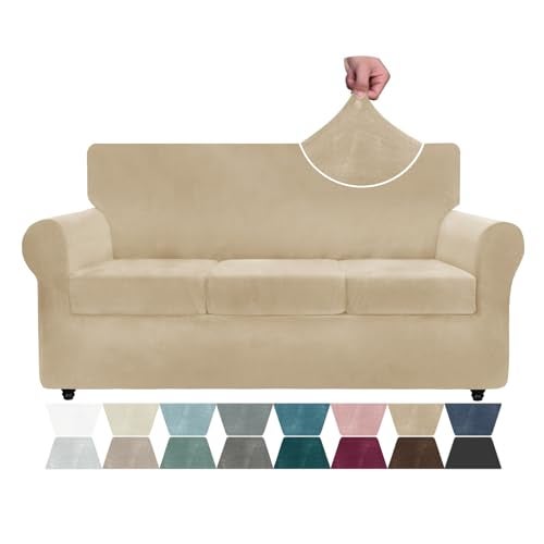 ZNSAYOTX غطاء أريكة فخم من زنسايوتيكس 4 قطع 7292 أغطية أريكة قابلة للتمدد لأريكة ذات 3 وسائد غطاء أريكة سميك وناعم مع حزام مضاد للانزلاق صديق للحيوانات الأليفة واقي أثاث جميل لون جمل