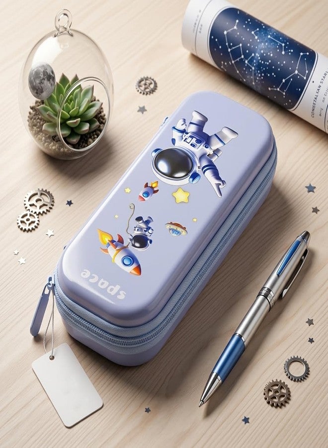 BLLUEX Space Theme Pencil Case for Kids, Large Capacity, EVA Hardtop, Waterproof, Cartoon Astronaut Pen Pouch Organiser for School Supplies (Light Blue) - Image 4