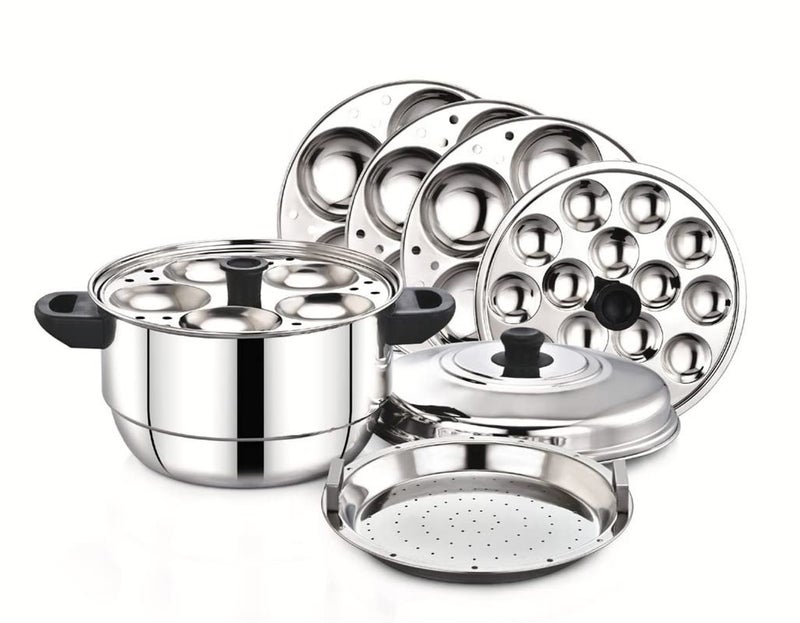 Diamond Diamond Stainless Steel Multi-Steaming Induction Base with 4 Idli Plates (20 Idlies), 1 Mini Idli Plate (15 Idlies), 1 Steamer Plate - Image 1