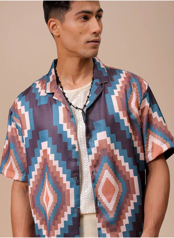 The Indian Garage Co Men Relaxed Fit Indie Printed Half Sleeves Cuban Collar Resort Wear Shirt  - Image 1