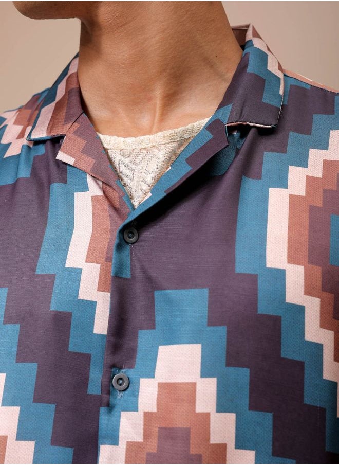 The Indian Garage Co Men Relaxed Fit Indie Printed Half Sleeves Cuban Collar Resort Wear Shirt  - Image 5