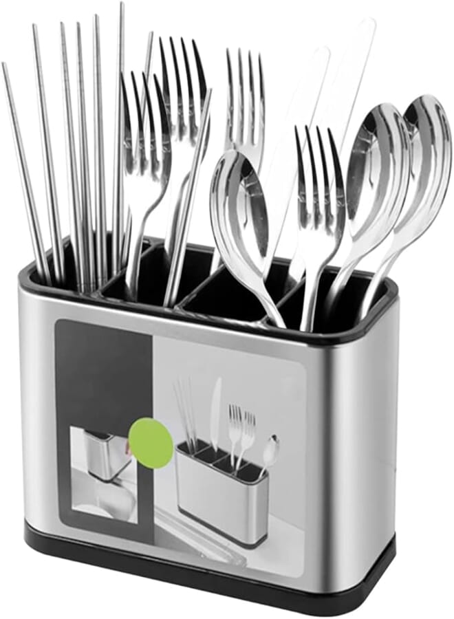 Keyohome Kitchen Cutlery Holder Stainless Steel Large Capacity Utensil Holder with Divider Weighted Base for No Tipping for All Kitchens Countertop or Table,18x13x8.6cm