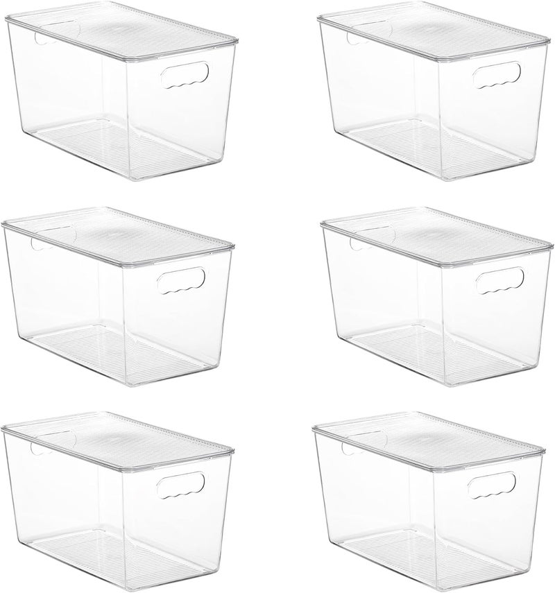في توب مارت مجموعة المكونة من 6 صناديق تخزين شفافة قابلة للتكديس مع أغطية، حاويات بلاستيكية كبيرة جدًا بمقبض لتنظيم المخزن والتخزين، مثالية لتنظيم المطبخ والثلاجة والخزانة وخزانة الملابس والحمام - Image 1