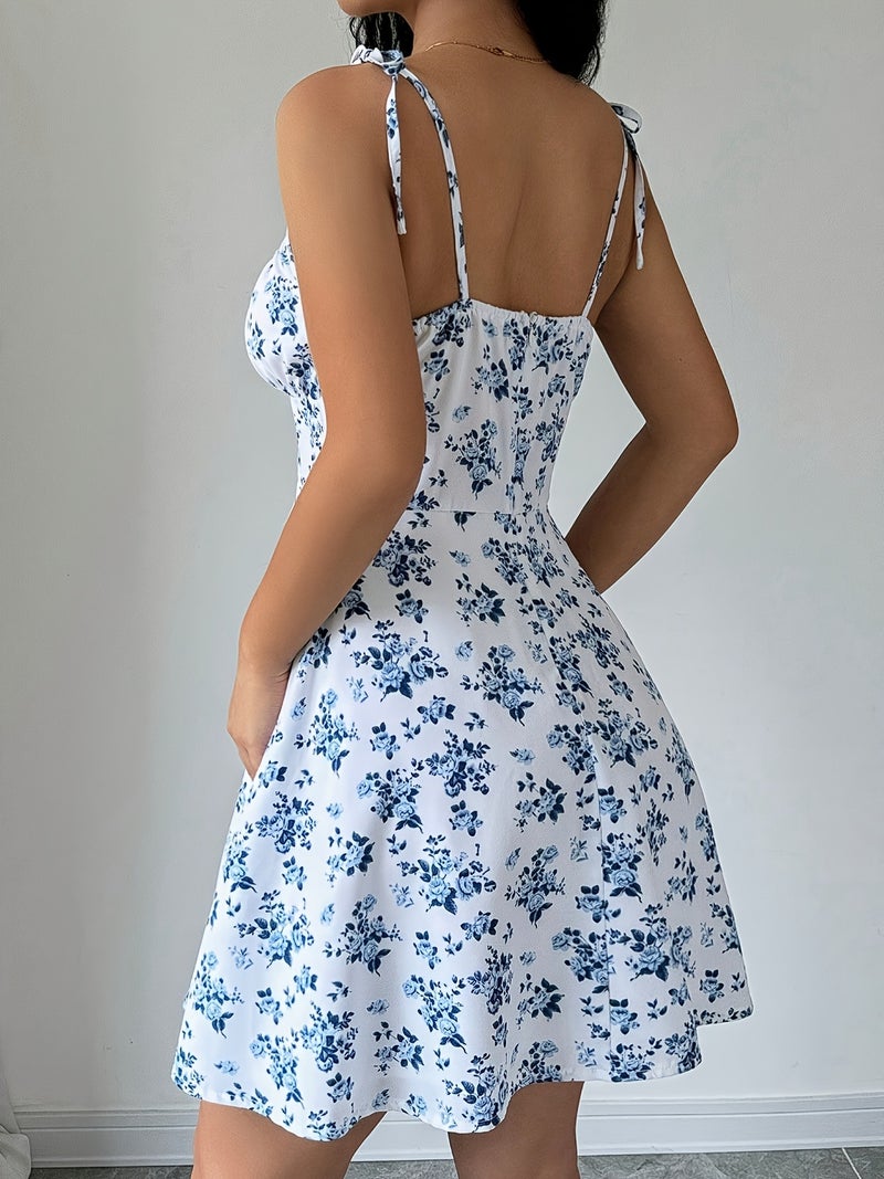 Women's Sleeveless Ruched Waist Floral Print Elegant Mini Dress, Summer Solstice - Image 3
