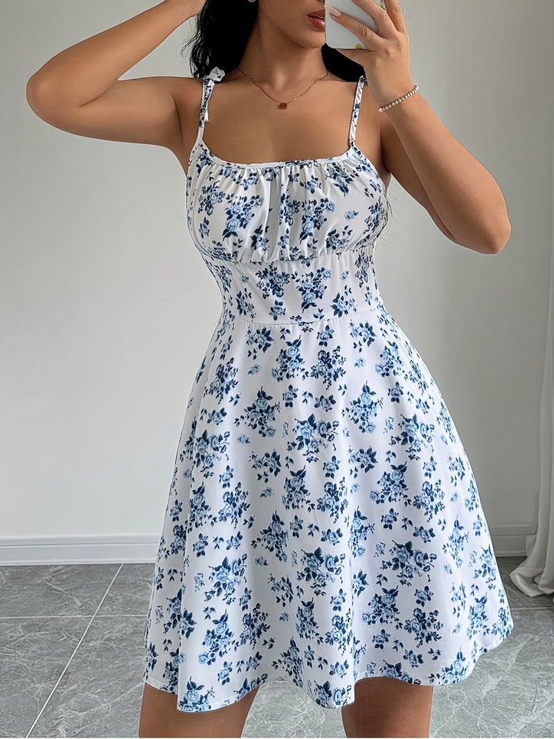 Women's Sleeveless Ruched Waist Floral Print Elegant Mini Dress, Summer Solstice - Image 2