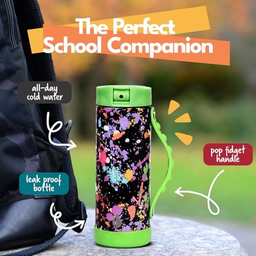 Elemental Iconic Kids Water Bottle with Straw Lid & Stress Relief Pop It Handle, Leak-Proof When Closed, Triple Insulated Kids Stainless Steel Water Bottle For Girls and Boys, 14oz -Green Splatter - Image 2