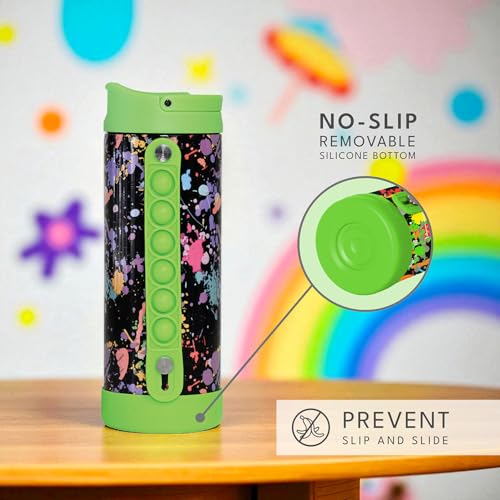 Elemental Iconic Kids Water Bottle with Straw Lid & Stress Relief Pop It Handle, Leak-Proof When Closed, Triple Insulated Kids Stainless Steel Water Bottle For Girls and Boys, 14oz -Green Splatter - Image 5