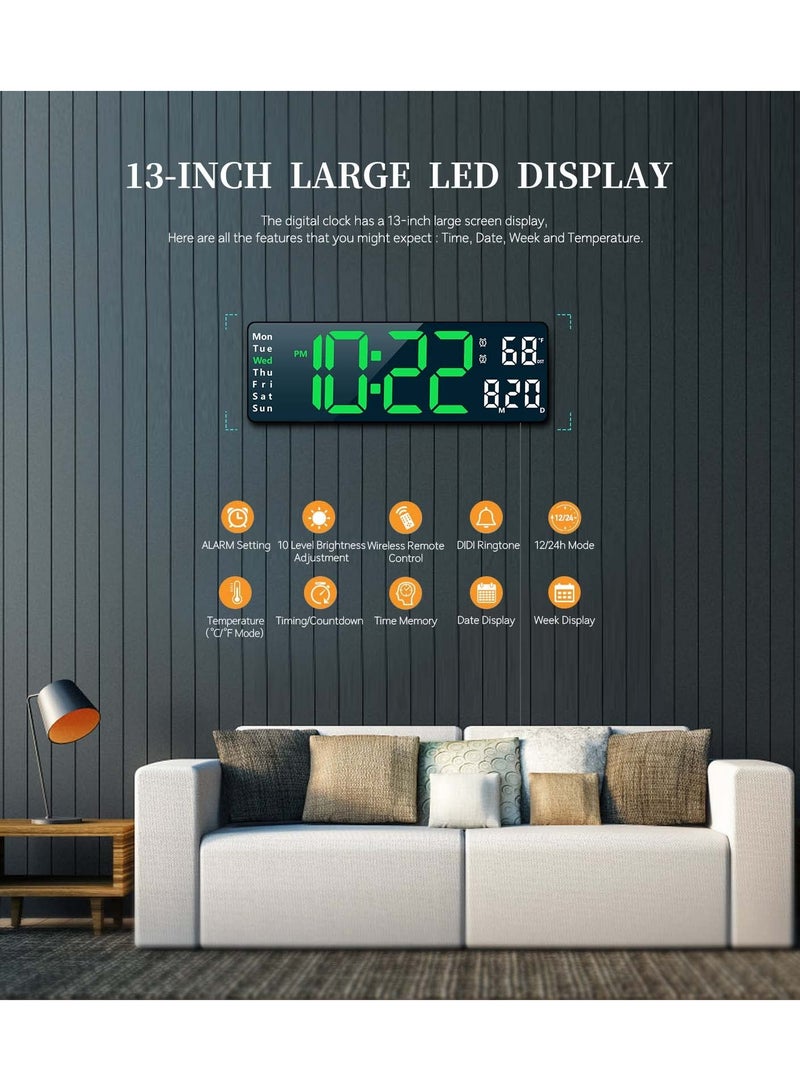 SOLARAE ساعة حائط رقمية، ساعة رقمية حديثة، ساعة منبه مكتبية أنيقة، ساعة رقمية لغرفة النوم، ساعة حائط كبيرة مع جهاز تحكم عن بعد، ساعة LED مع خافت سطوع تلقائي، التاريخ، درجة الحرارة، الأسبوع - Image 2