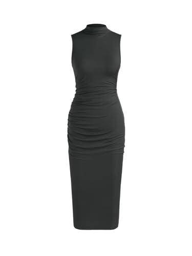CIDER Bodycon Dresses for Women Mock High Neck Sleeveless Ruched Dresses Summer Cocktail Work Midi Dress Trendy Black - Image 1