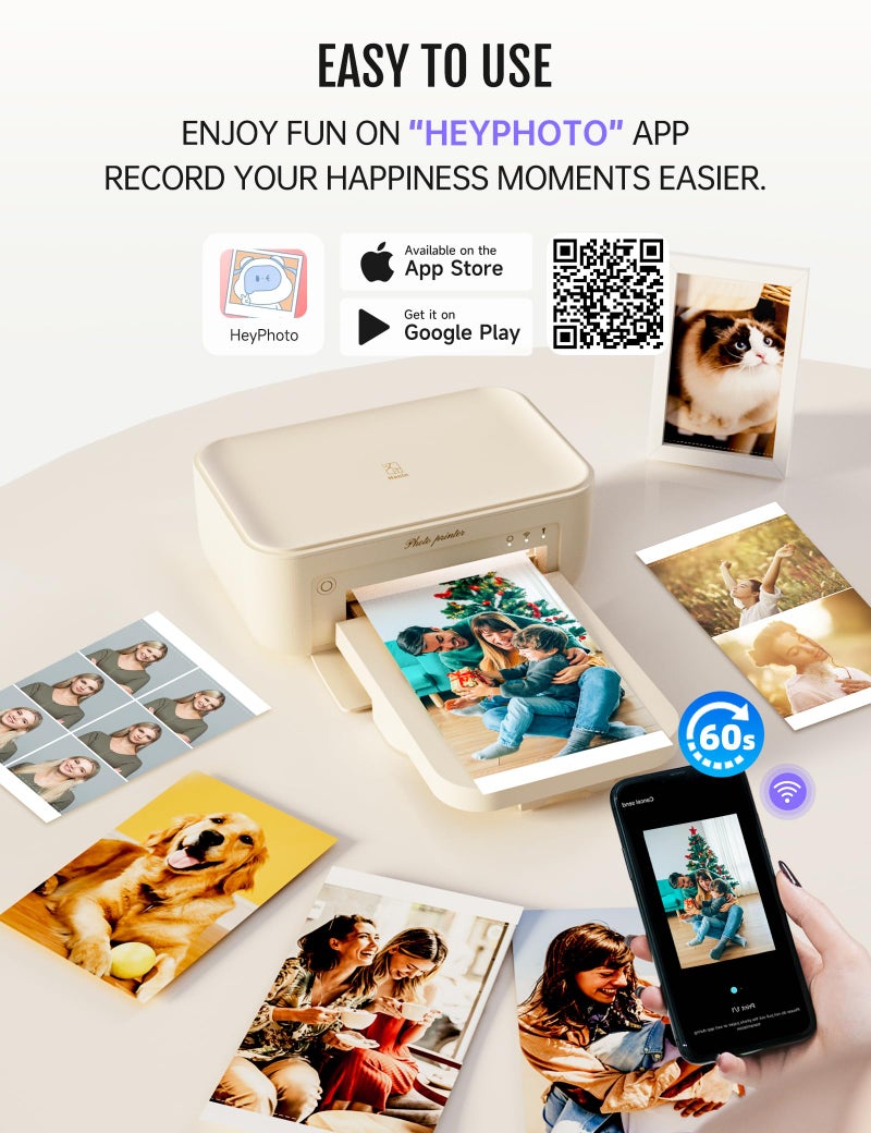 iDPRT 4x6 Photo Printer, CP4100 Instant Photo Printer for iPhone & Android with 108 Sheets & 2 Cartridges, Wireless Portable Picture Printer, 300DPi Thermal Dye Sublimation, Beige - Image 3