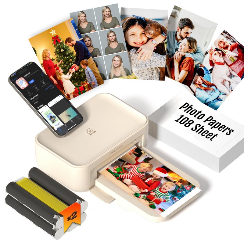 iDPRT 4x6 Photo Printer, CP4100 Instant Photo Printer for iPhone & Android with 108 Sheets & 2 Cartridges, Wireless Portable Picture Printer, 300DPi Thermal Dye Sublimation, Beige - Image 1