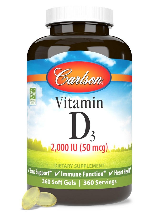 Carlson - Vitamin D3, 2000 IU (50 mcg), Bone & Immune Health, Vitamin D Supplements, Cholecalciferol Supplement, Gluten Free Vitamin D Capsules, 360 Softgels - Image 1