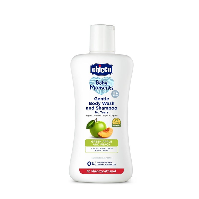Chicco Baby Moments Gentle Bodywash & Shampoo with Green Apple & Peach, 200ml | Head-to-Toe | No Tears Formula | Hydrated Skin & Hair | Dermatologically Tested | Parabens & Phenoxyethanol Free - Image 2