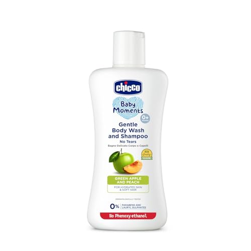 Chicco Baby Moments Gentle Bodywash & Shampoo with Green Apple & Peach, 200ml | Head-to-Toe | No Tears Formula | Hydrated Skin & Hair | Dermatologically Tested | Parabens & Phenoxyethanol Free - Image 1