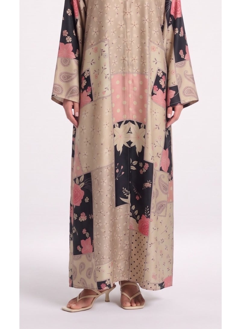 Next Abaya Beige Printed Silk Abaya - Image 3
