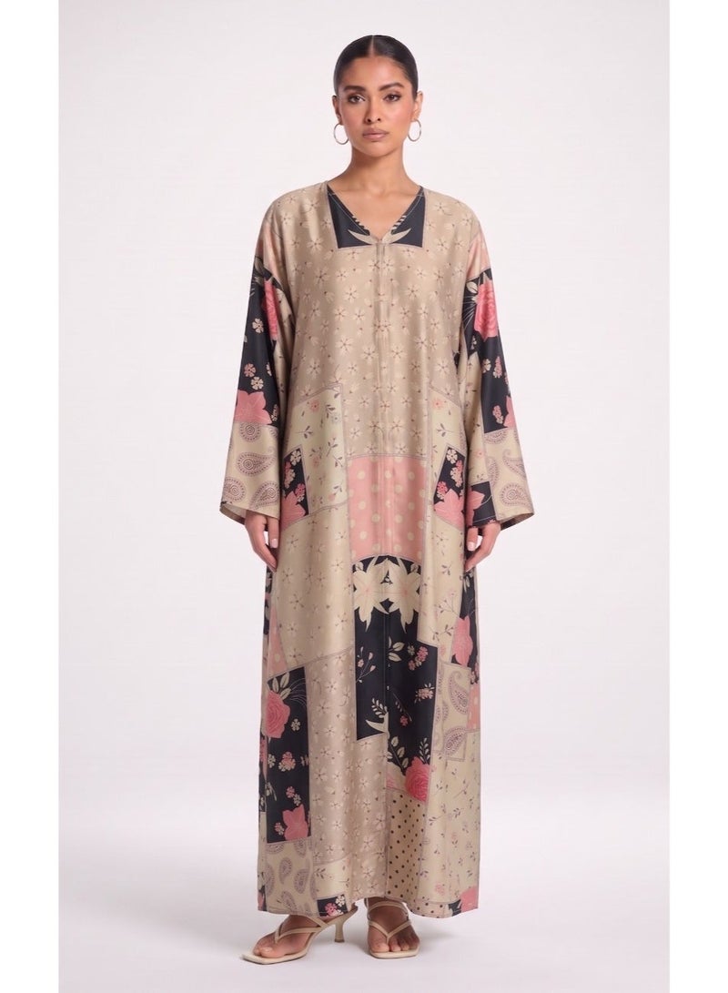 Next Abaya Beige Printed Silk Abaya - Image 1