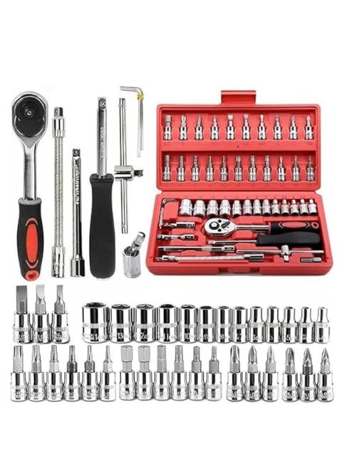 46 Pieces 1/4 Inch Drive Socket Wrench Set Comprehensive Mechanic Tools Kit for Automotive and Household Repairs with Ratchet Spinner Handle Extension Bars and Storage Case