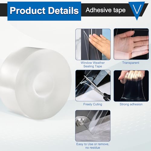 APORNI Window Weather Sealing Tape 2 Inch x 33 FT Weather Stripping Residue-Free Clear Window Insulation Caulk Tape for Doors Windows and Shower Glass Gaps Bathroom - Image 3