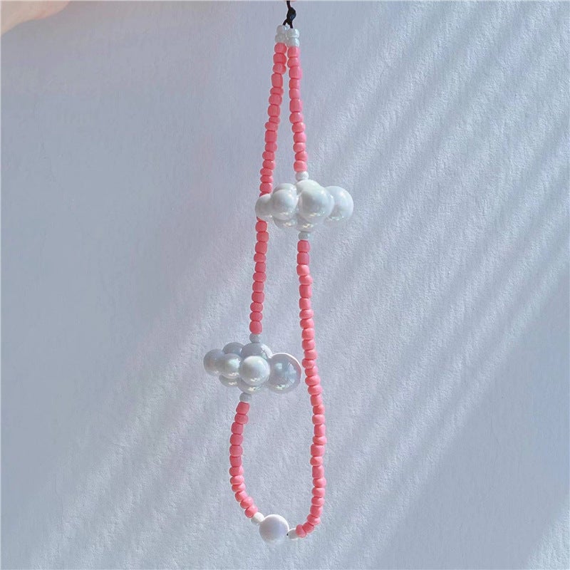 Lisa with girls mobile phone lanyard Japanese and Korean ins wind blue sky white clouds personalized beaded mobile phone chain in stock wholesale Cloud pink mobile phone chain 