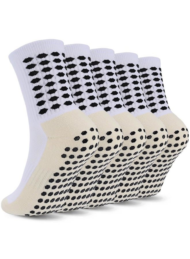 Ultrafun 5 Pairs Kids Youth Grip Soccer Socks Cushioned Non Slip Football Athletic Sports Socks, White, L - Image 1