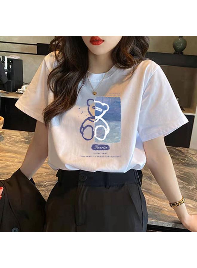 VUELO Women's Cotton Bear Short Sleeve T-shirt Summer New Harajuku Style Design Sense Niche White Half Sleeve Bear T-shirt - Image 2