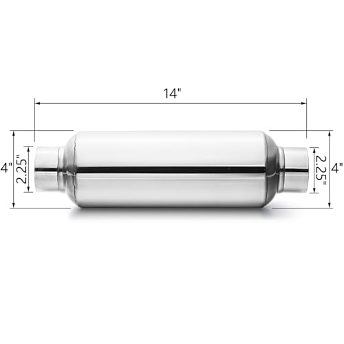 LCGP 2.25" Inlet Universal Resonator, 2.25" Outlet 13.77" Overall Length Stainless Steel High Performance Muffler, Polished, Pass-Thru Design - Image 2