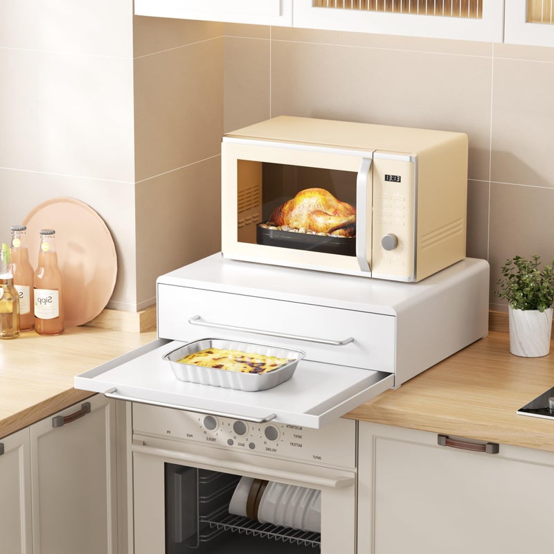 DTK Microwave Stand with Pull-Out Drawer & Tray, Kitchen Storage Drawers Countertop for Compact Microwave, Coffee Station & Kitchen Appliance, Microwave Riser with Storage, White(Stand+Drawer+Tray) - Image 3